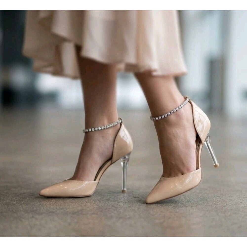 Antonio Melani Beige Patent Leather Pump Pointed Toe Rhinestone Heels Clear 4"